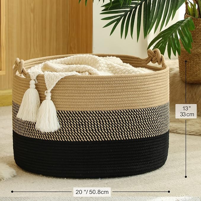 KAKAMAY Large Blanket Basket (20"x13"),Woven Rope Baskets for storage Baby Laundry Hamper, Cotton Rope Blanket Basket for Living Room, Laundry, Nursery, Pillows,Baby Toy chest (Jute/Black) - Image 5