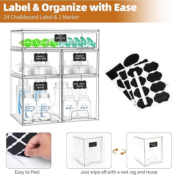 Baby Bottle Organizer, 5 Pack Stackable Storage Drawers with Labels, Clear Station Organizers Container for Pacifiers, Pump Parts, Desk Organizer Bins for Bathroom, Cabinet, Pantry, Vanity, Countertop - Image 4