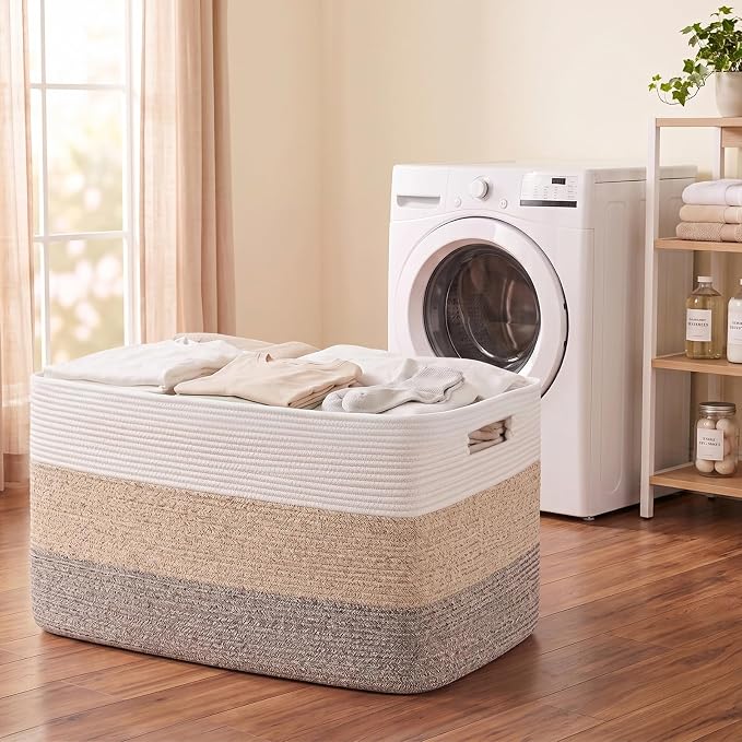 OIAHOMY 108L Super Large Blanket Basket, 25”x16”x16”(108L) Rectangle Woven Baskets for Storage, Cotton Rope Basket For Living Room, Toy Storage with Handle- Gradient Brown - Image 6