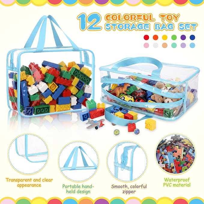 Shinylin 12 Packs Large Toy Storage Bags with Labels Clear PVC Toy Organizer with Zipper Colorful Classroom Storage Reusable Waterproof Organizer for Playroom School Blocks Game (Vibrant Colors) - Image 3