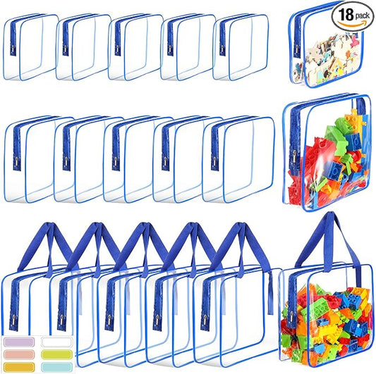 18 Packs Large Toy Storage Bags with Labels, Clear PVC Bags Travel Waterproof Kids Toy Organizer Bags with Zipper for Building Blocks Puzzle Kids Books (Blue-3 Size) by MBJZSL