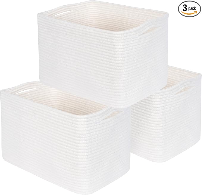 3-Pack Storage Baskets for Shelves, Playroom and Classroom, Book Basket, Decorative Cube Bins, Woven Closet Organizers, Baby Nursery Baskets, Creamy White by MINTWOODDesign