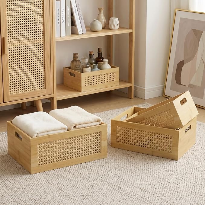 Rattan Wooden Box Set of 4 Handmade Decorative Storage Basket with Handles | Natural Bamboo Woven Storage Basket Rustic Farmhouse Decor Home Office Tabletop Shelf Drawer Closet Desk Organizer, Natural - Image 5