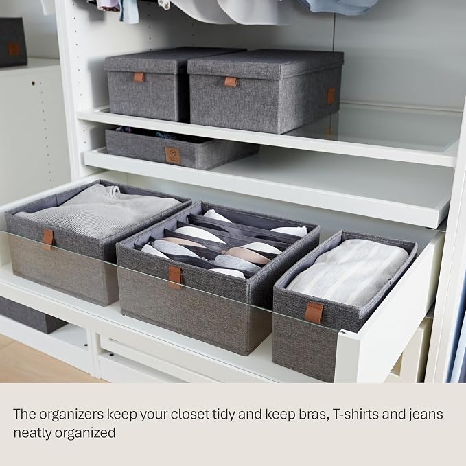 LOVE IT STORE IT Premium Drawer Box 2-Piece - Wardrobe Organiser Made of Linen Fabric - Reinforced - 6 Compartments for Bras, Shirts, Trousers - Grey - 30 x 30 x 15 cm - Image 5