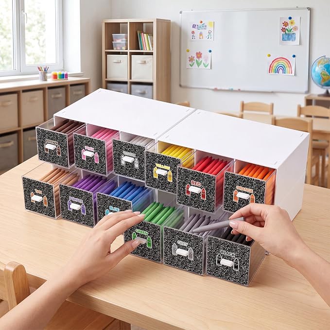 12 Pcs/ 4 Pack Plastic Crayon Organizer for Classroom Back to School | Crayon Storage Boxes Drawer for Marker Pen Art Craft Supplies Crayons Container for Classroom Office Table with Color Label - Image 4
