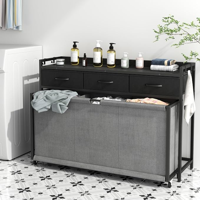 Laundry Hamper Laundry Basket with 3 Section Pull-Out Rolling Bags, Laundry Sorter for Organization and Storage with 2 Pull-Out Drawers for Laundry Room (Black+Grey, 43.31'' x 31.81'' x 12.6'') - Image 2