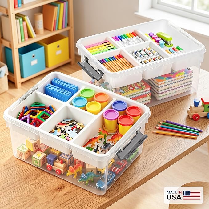 17QT 2Packs Clear Craft Organizers and Storage with Fixed-Compartment Tray, Art Supply Organizers and Storage, Craft Storage Bins with Lids for Beads, Markers, Playdoh, Tools and Coloring Books - Image 2