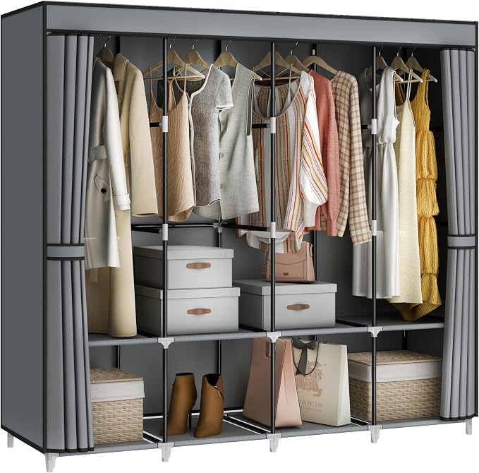 67" Portable Wardrobe Closet for Hanging Clothes, 8 Shelves 4 Rods & Cover | Non-woven Fabric Cover, 4 Clothes Hanging Rods, 8 Storage Shelves, Grey by MOGELAFOO