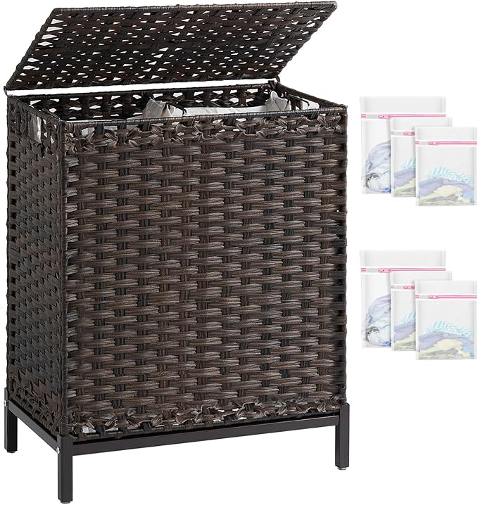 SETVSON Laundry Hamper with Lid, 29.6 Gal 2-Bag Clothes Sorter, Brown | 112L 2-Section PE Rattan Hamper with Lid, Metal Heightened Feet, 2 Removable Liners, 6 Mesh Laundry Bags, Steel Frame by SETVSON