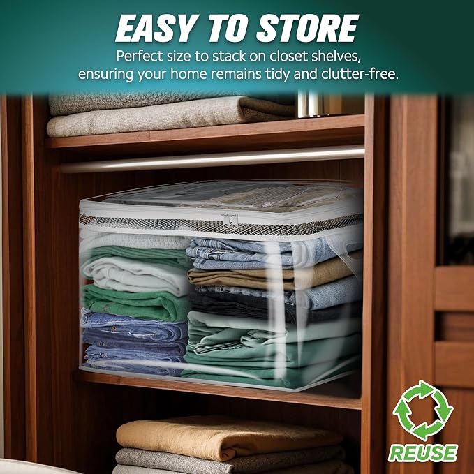 HIBAG 10 Gallon Large Storage Bag for Clothes, Zipper Clothing Storage Bag, Clear Organizer with Reinforced Handles, for Closet and Underbed Storage (4 Pack) - Image 3