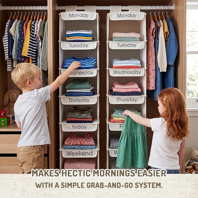 Sintuff 2 Pcs Heavy Duty 6 Shelf Weekly Hanging Closet Organizer for Kids Days of Week Clothing Organization Labeled Monday to Friday Clothes Divider for Weekday Weekend School Outfits - Image 4