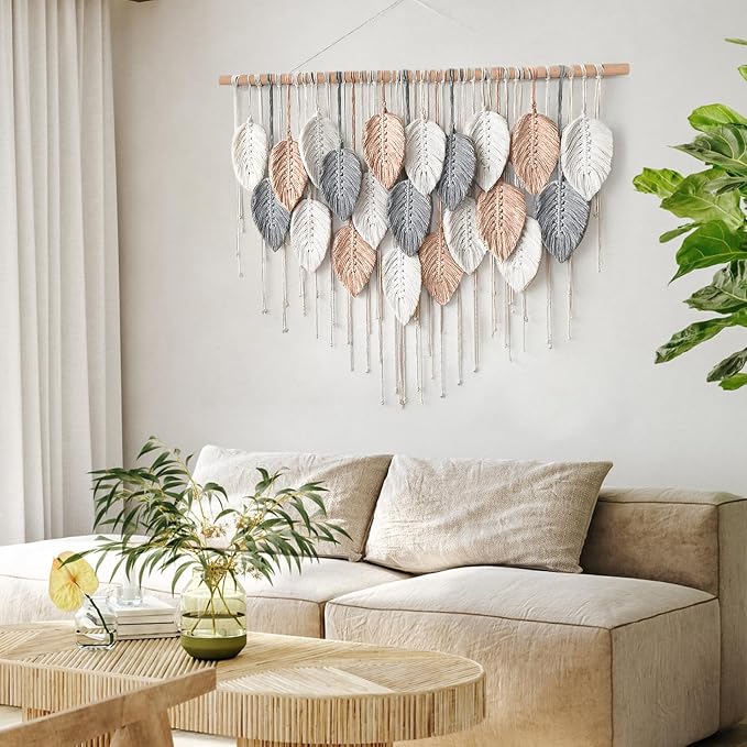 Alynsehom Large Macrame Wall Hanging, Boho Woven Tapestry, Chic Modern Bohemian Handmade Leaf Feather Wall Art Home Decor for Apartment Dorm Living Room Bedroom Nursery Backdrop (39" W X 29.5" L) - Image 4