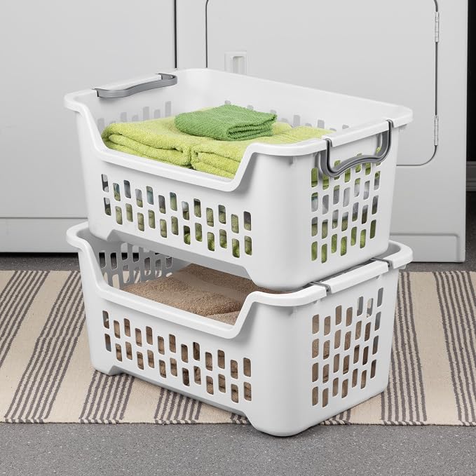 Sterilite 12 Pack Stacking Laundry Basket, 2 Bushel Clothes Hamper, White | Stackable Laundry Basket, Large Rectangular Storage Bin with Carrying Handles and Large 2 Bushel Capacity - Image 4