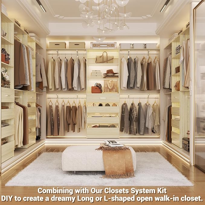 Aheaplus Closet System with Drawers Set of 2, Wood Closet Organizer System with 8 Hanging Rods & Top Shelves, Walk-in Closets Organizer Wardrobe Clothes Rack, Cut Fits Spaces 4-9FT. Wide, White Oak - Image 5