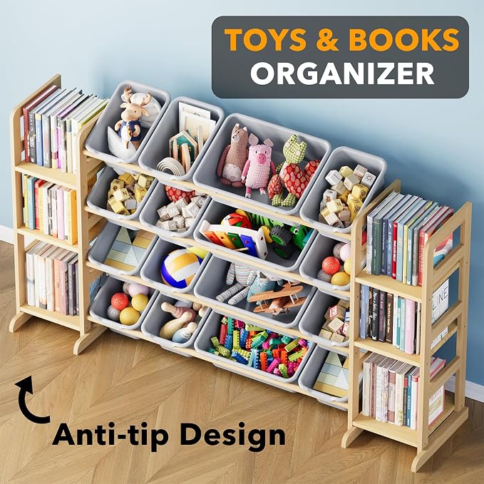 SpaceAid Toy Storage Organizer with 6 Shelves and 16 Bins, Toy Organizers Storage Bookshelf, Kids Bin Shelf Toys Box Bookcase for Bedroom Playroom Organization Room Decor, Neutral Gray - Image 4