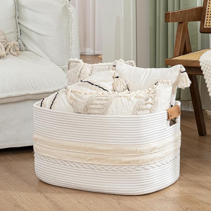 108L Large Basket for Living Room, Boho Decorative Basket Organizing with Handles, Cotton Rope Storage for Toys, Pillows, Clothes, 25’’*16’’*16’’ White - Image 6