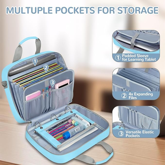 Yarwo 2026 Upgraded Zipper Binder 3 Ring Binder Bag with Pencil Pouch | 500 Sheets Capacity, 5-Tab Expanding File Folder, 14” Laptop Padded Sleeve, Shoulder Strap, for College, Office, Home, Blue - Image 2