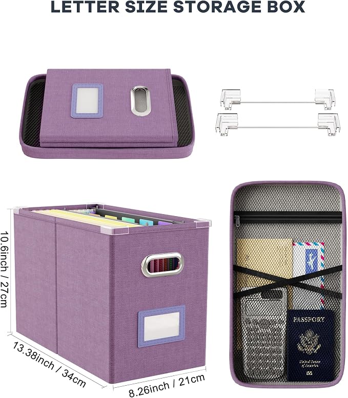 File Organizer with Lid, Hanging Filing Box with Mesh Pocket, Document Organizer for Letter Files, Portable Storage Box for Office & Home (1 PCS, Taro Purple) - Image 2