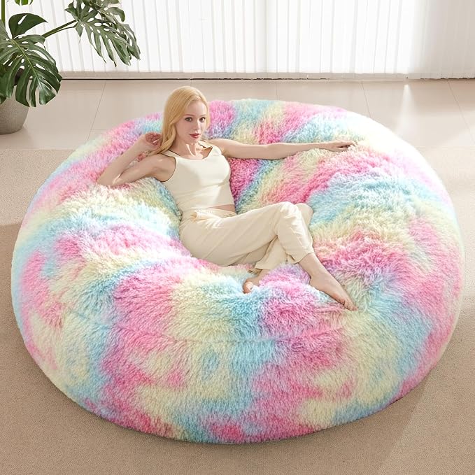 7FT Giant Fur Bean Bag Chair Cover, Ultra Soft Rainbow Bean Bag Chairs for Adults (No Filler, Cover only), Big Round Soft Fluffy Faux Fur Bean Bag Lazy Sofa Bed Cover, Washable Big Size Bean Bag Cover by ODreamyDogs