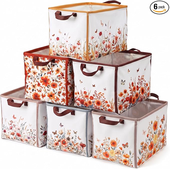 Fourluoo 6 Pack Floral Storage Basket with Handles Clothes Storage Basket Bin Foldable Box Bins Organizer for Closet Shelf Nursery Kid Room Book Toy Chest(6, Fall Flowers) by Fourluoo