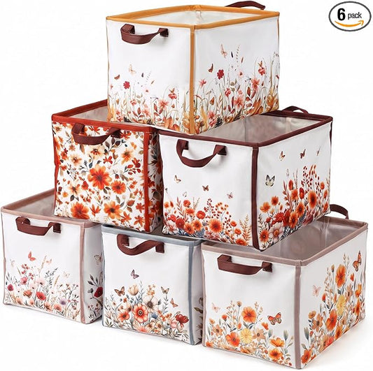Fourluoo 6 Pack Floral Storage Basket with Handles Clothes Storage Basket Bin Foldable Box Bins Organizer for Closet Shelf Nursery Kid Room Book Toy Chest(6, Fall Flowers) by Fourluoo