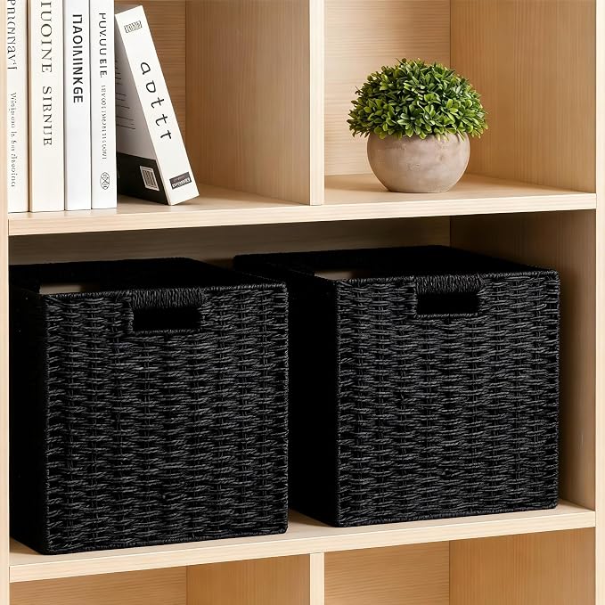 UBBCARE 2 Pack Wicker Basket, 11L×11H×10.5W inch Woven Paper Rope Storage Baskets for Shelves, Foldable Cube Storage bin with Handle, Storage Basket for Organizing & Decor, Black - Image 5