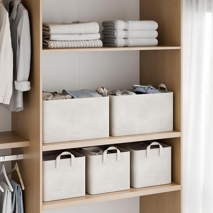 StorageWorks Linen Closet Organizers, Fabric Storage Bin, Beige, 2-Pack | Large, With Reinforced PU Handles, Metal Frame, Collapsible, Basket for Shelves, Closet, Holds Clothes, Towels, Blankets - Image 2
