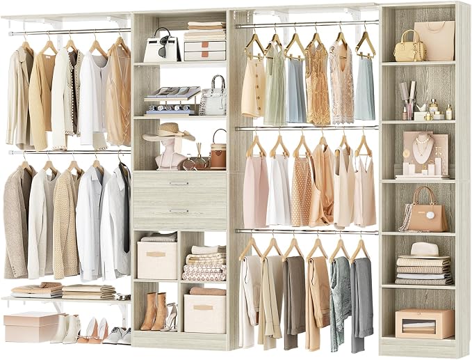 Besiost Closet System - 9.4FT/112" Closet Organizer System with Wooden Drawers,Closet Systems for Walk-In Closets with Hang Rods and Open Cabinet, Greige Oak by Besiost