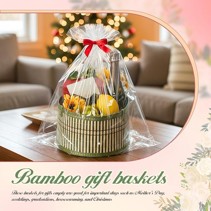 Weysat 3 Set Baskets for Gifts Empty Bulk, Large Woven Bamboo Gift Basket Kit with Handles, Bow, Wrap Bag to Fill for Raffle Thanksgiving Day Wedding Birthdays Party Wrapping (Green) - Image 4