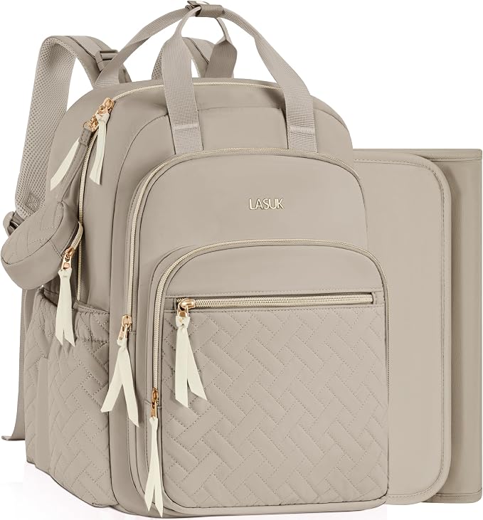 Diaper Bag Backpack, 27L Travel Quilted Baby Bags Unisex | with Changing Pad, Pacifier Bag, Stroller Straps Parents Essentials for Outdoor Trip Hospital & Daily Work, Brown by LASUK