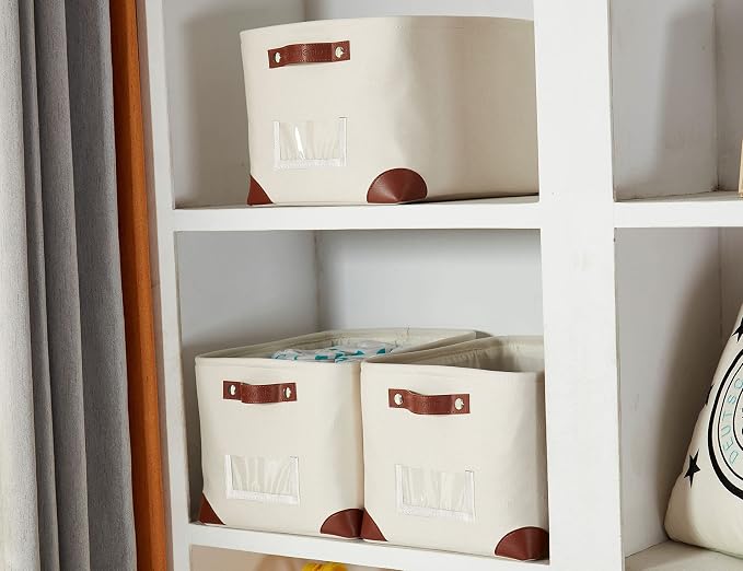 DECOMOMO Storage Bins, Large Fabric Storage Baskets for Shelves 3 Pack | 15 x 11 x 9.5 inches Decorative Linen Closet Organizers with Handles (Creamy White) - Image 4
