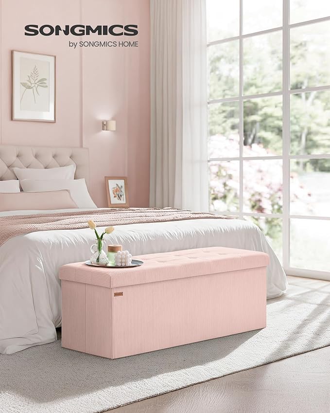 SONGMICS MAZIE Collection - Storage Ottoman Bench, Foldable Foot Rest, 15 x 43 x 15 Inches, End of Bed Bench, Storage Chest, Load 660 lb, Living Room, Bedroom, Entryway, Jelly Pink ULSF604R01 - Image 3