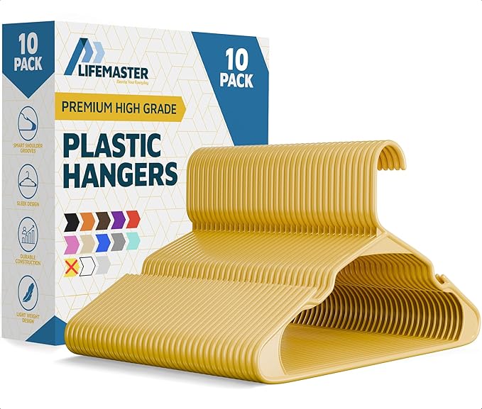 Lifemaster Plastic Clothes Hangers – Heavy Duty Hanger Set, for Organizing Clothes, Dresses, and Coat, Holds Up to 5 lbs, Space-Saving Hangers with Non-Slip Shoulder Grooves, Pack of 10, Yellow by LIFEMASTER