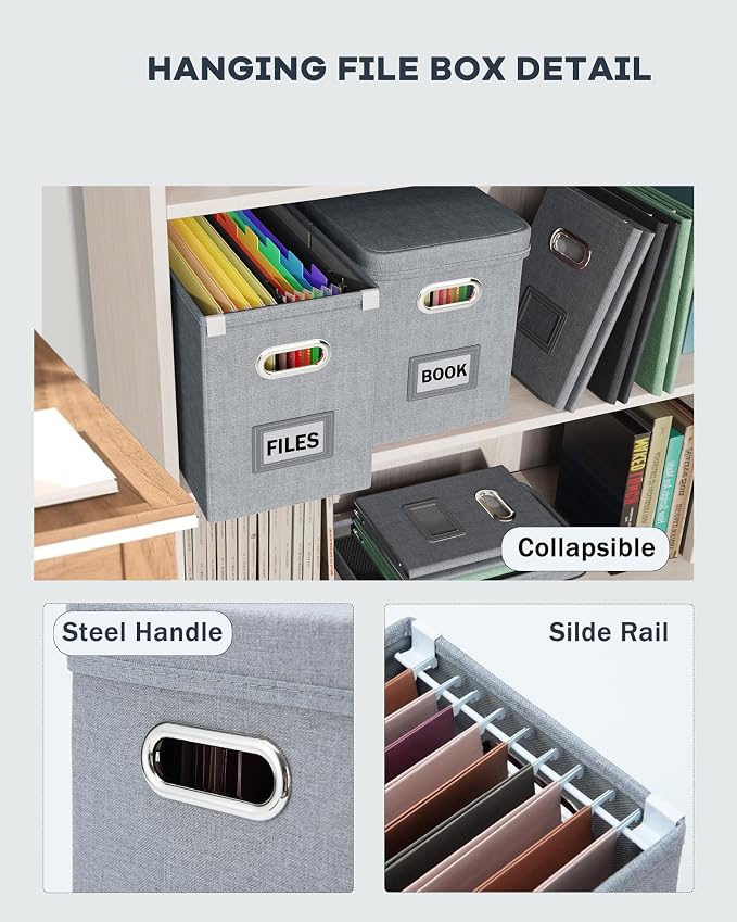 File Organizer Box with Lid, Hanging Filing File Box with Mesh Pocket, Document Organizer Box for Letter Files, Portable Storage Box with Smooth Sliding Rail for Office&Home(1 PCS, Grey) - Image 5
