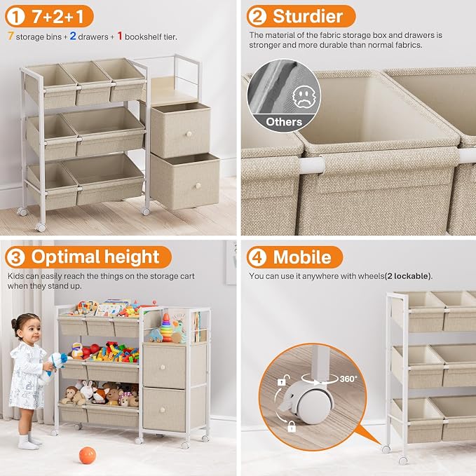 Modanais Kids Toy Organizers and Storage Bins, Off White | 7 Storage Bins + 2 Fabric Drawers + 1 Bookshelf, Playroom Storage, Organizer for Toy, Clothes, Blankets and Books - Image 4