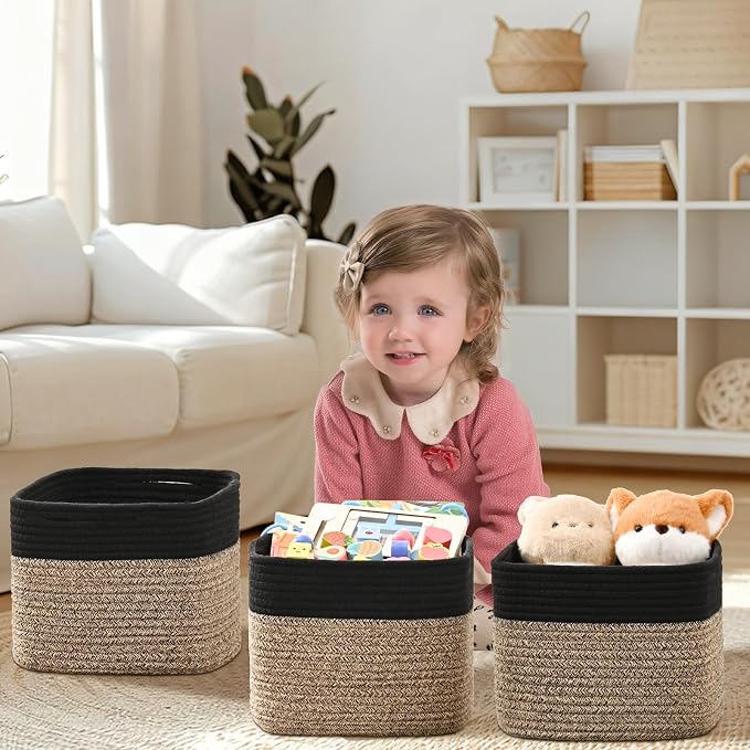 3 Pack Cube Storage Bin, 9”x9”x7” Cotton Rope Woven Baskets for Organizing Toys Clothes Towels, Square Gift Storage Baskets for Shelves, Nursery, Closet, Bathroom, Pantry (Black & Brown) - Image 2