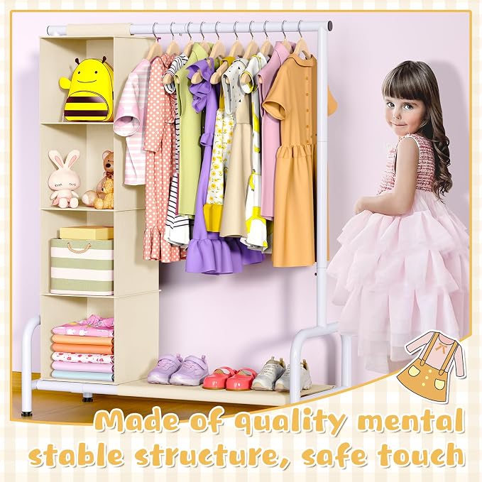 Univivi Kids Clothing Rack with Hanging Organizer, 43 Inch, Beige and White | Toddler Dress Up Storage with Bottom Shelf, Sturdy Metal Baby Closet, Toddler Wardrobe Rack for Nursery, Playroom, Bedroom - Image 6