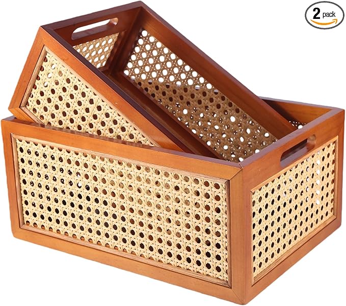 Rattan Storage Baskets Set, Wooden Frame with Woven Cane Design, Nesting Organizer Bins for Living room Bedroom Bathroom Kitchen Shelf, Set of 2 by Unknown