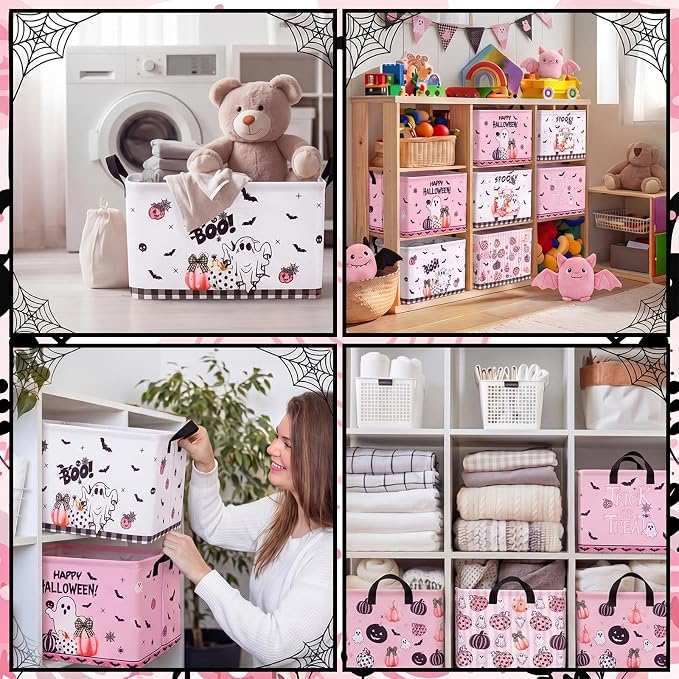CHENGU 6 Pcs Halloween Storage Bin Collapsible Pink Ghost Basket for Gifts Spooky Pumpkin Decor Large Halloween Basket Farmhouse Foldable Bat Box with Handle for Nursery Bedroom Office Home Party - Image 3