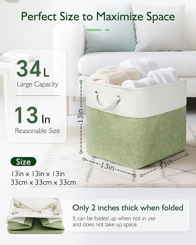 Patvingot 13-Inch Fabric Cube Storage Bins with Handles,4 Pack,Foldable | For cube shelves and closets,keeps grouped for everyday access,reinforced opening and fold-flat storage,white and green - Image 2