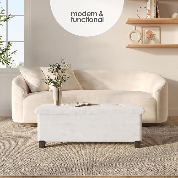 Storage Ottoman Bench with Bins, 43-in Storage Bench for Bedroom End of Bed, Folding Foot Rest Ottoman for Living Room Max 660lbs, Velvet Ottomans, Cream - Image 2