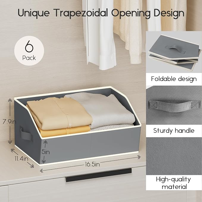 Large Closet Organizers and Storage Bins - 6 Pack Trapezoid Storage Baskets for Shelves, Foldable Fabric Baskets with Handles Ideal for Closet, Basket, Wardrobe and Shelf Storage, Grey - Image 2