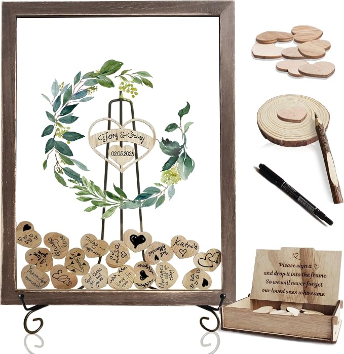 Y&K Homish Wedding Guest Book Alternative , Rustic Wedding Decorations for Reception , Favors for Guests 80 Hearts Green Wreath (Transparent &Brown) by YKHomish