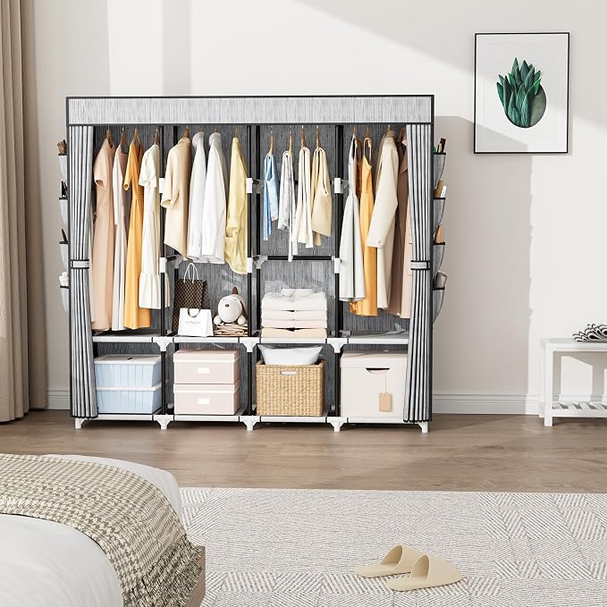 Portable Closet for Hanging Clothes, 67 Inch Wide Portable Wardrobe Closet with Cover, 4 Hanging Rod, Storage Shelves and Side Pockets, Large Free Standing Closet for Bedroom, Printing - Image 2
