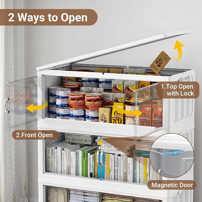 BROVIEW V60 880QT Plastic Stackable Storage Bins with Lid, 4Pack White | 220Gal Extra Large Closet Organizers Collapsible Cabinets Boxes With Drawer, Foldable Container with 6x Wheels for Home - Image 4