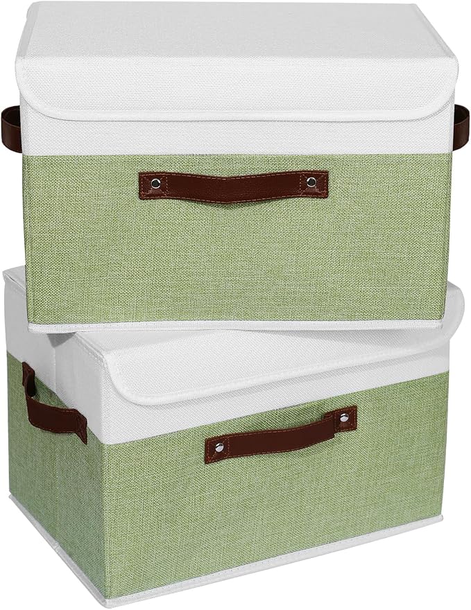 ANMINY Fabric Storage Box Bins with Lids, Green White, 15"x10"x10", 2 Pack | Keepsake Memory Storage, Cotton Linen, PP Board Reinforced, Washable, PU Handles, Foldable & Stackable, Decorative, Large - Image 2