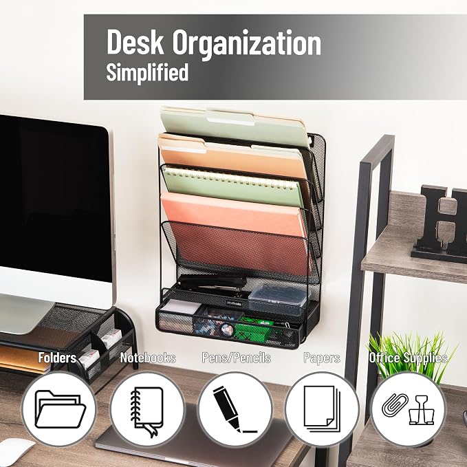 Mind Reader 4-Tier Vertical File Storage, Desktop Organizer, Wall Mount, Office, Metal Mesh, 12.5"L x 4"W x 16.5"H, Black - Image 2
