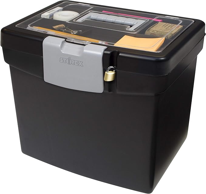 Storex Portable File Box with Organizer Lid – Plastic Office File Storage Box for Letter Paper and Hanging Folders, Obsidian, 1-Count (61504C01C) by Storex