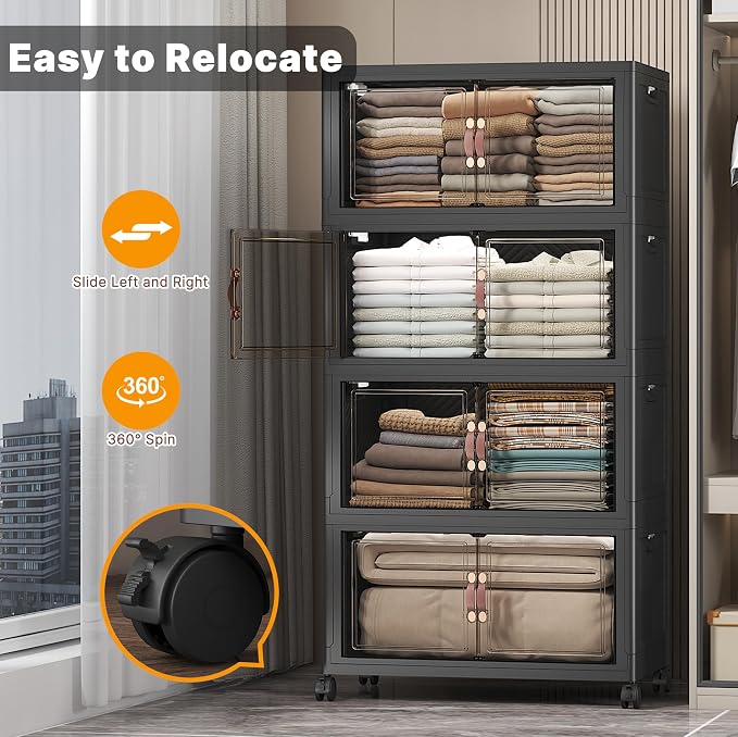 Stackable Storage Bins, 480QT Collapsible Drawers with 1 Lid | Large Capacity, Magnetic Door, Stack Lock, Rolling Wheels, Foldable Design, Organizers and Storage for Bedroom Dorm Garage - Image 5