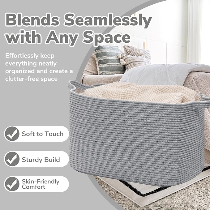 Goodpick 105L Extra Large Woven Rope Blanket Basket, Rectangle, Gray | 25'' x 16'' x 16'' Storage Basket for Blankets, Pillows & Clothes, Living Room & Bedroom Organization, Reinforced Handles - Image 5